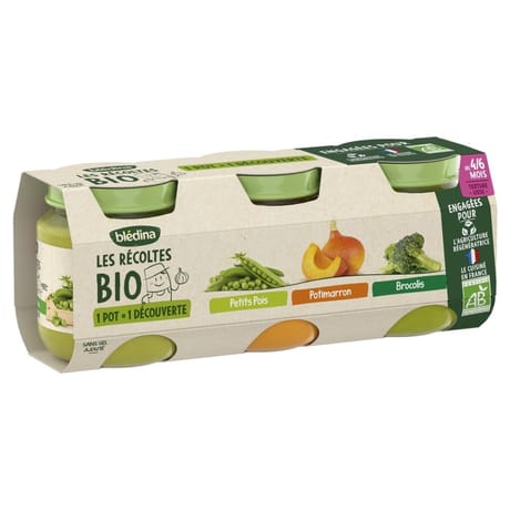 Blédina les récoltes bio pots brocolis potimarron petits pois 3x130g dès 4/6 mois