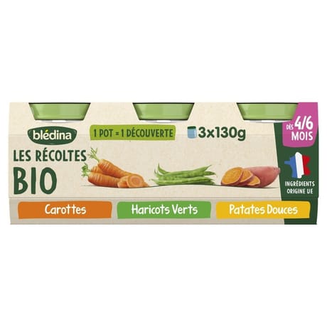 Bledina les récoltes bio pots carottes haricots verts patate douce 3x130g dès 4/6 mois