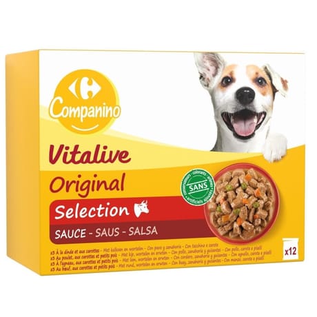 Carrefour companino émincés pour chien en sauce aux viandes 12 sachets de 100g