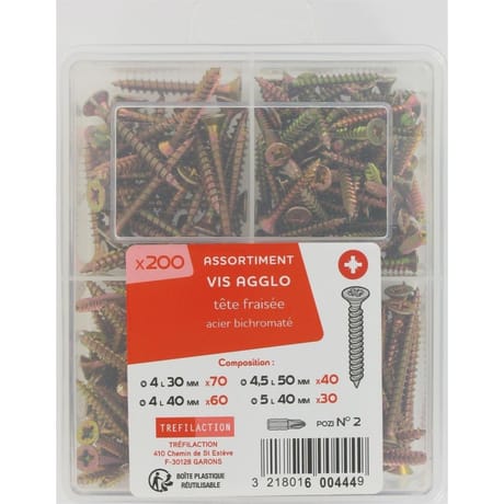 Assortiment vis agglo tête fraisée 4X30 A 5X40MM x200