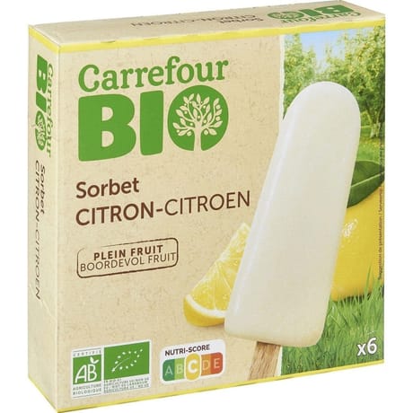 Carrefour bio 6 bâtonnets glace sorbet citron bio 240g