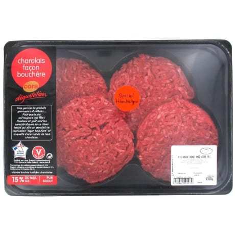 Steak haché pur boeuf Charolais façon bouchère 15% MG spécial hamburger 4x140g Cora Dégustation