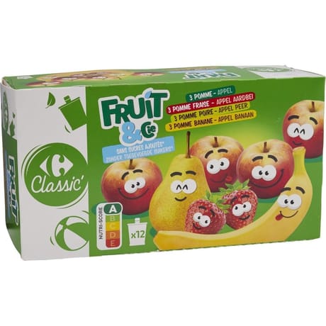 Carrefour classic' compotes assortiment s/sucres ajoutés les 12 gourdes de 90g