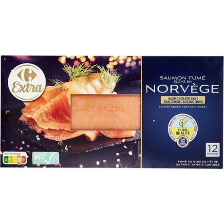 Carrefour extra saumon fumé élevé en Norvège 12 tranches 400g