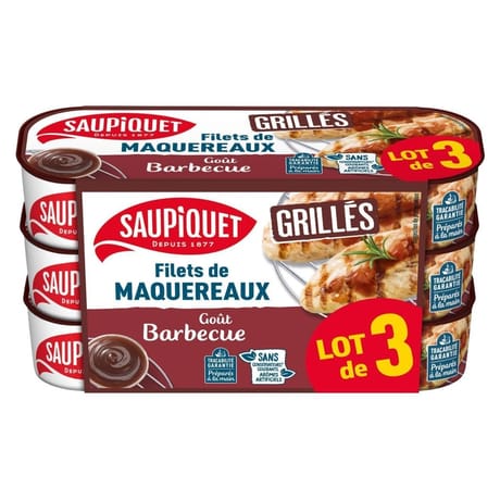 Saupiquet filets de  maquereaux grillés sauce barbecue 3x120g tracab