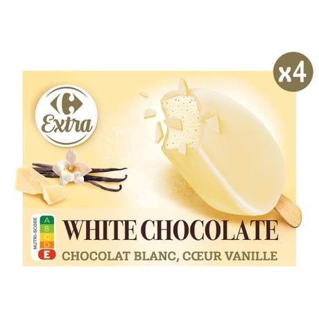 Carrefour extra 4 bâtonnets glace chocolat blanc coeur vanille 300g