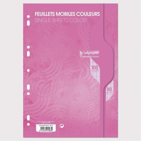 Feuilles simples perforées Rose 21X297 100 pages seyes 80g Calli