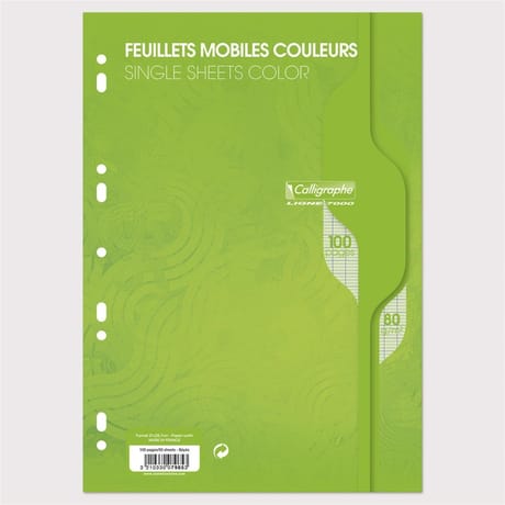 Feuilles simples perforées Vert 21X297 100 pages seyes 80g Calli