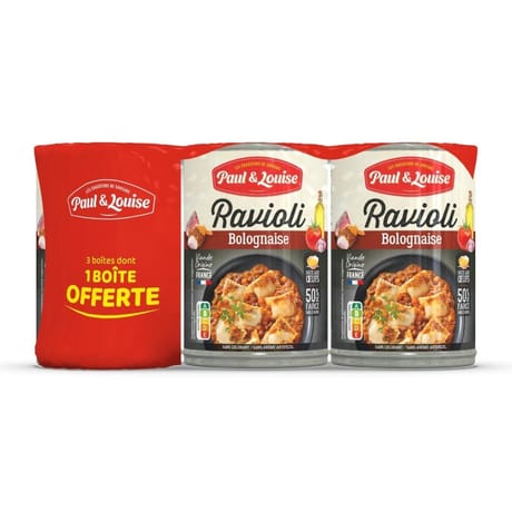 Paul & louise lot de 3 boites de ravioli bolognaise 400g dt 1 offerte
