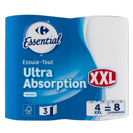 Carrefour essential essuie-tout ultra absorption xxl blanc x4 rouleaux