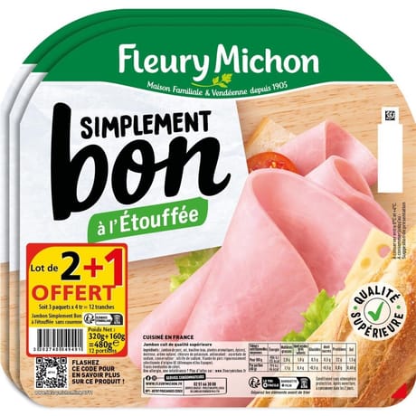 Fleury Michon simplement bon à l'étouffée sans couenne 4 tranches lot 2+1 offert 480g