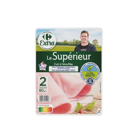 Carrefour extra jambon Le supérieur cuit a l'étouffée sans ogm sans antibiotique 2 tranches 80g