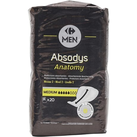 Carrefour men serviettes hygiéniques fuites urinaires niveau 2 medium absodys anatomy x20