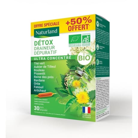 Naturland extrait fluide détox bio 9 plantes 20 amp.x10ml + 10 amp. X 10ml offertes
