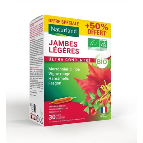Naturland extrait fluide jambes légères bio 20 amp.x10ml + 10 amp. X 10ml offertes