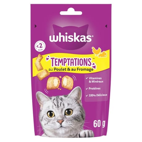 Whiskas temptations friandises au poulet et au fromage pour chats adultes 60g