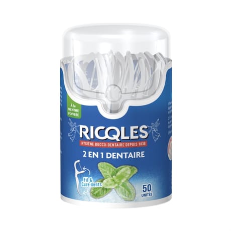 Ricqles fil & cure-dents dentaires 2 en 1 50 unités