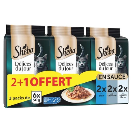Sheba délices du jour sachets fraicheur en sauce aux poissons 6x50g 2 + 1 oft
