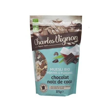 Charles Vignon muesli bio pépites et flocons chocolat noix de coco  375g