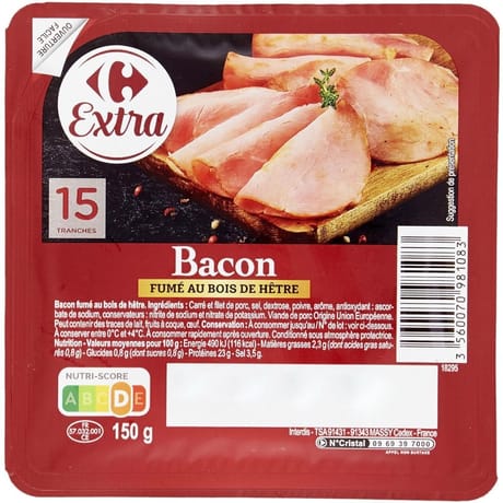 Carrefour Extra bacon fumé au bois de hêtre barquette de 15 tranches 150g