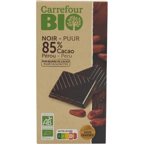 Carrefour bio tablette chocolat 85% cacao Pérou bio 100g