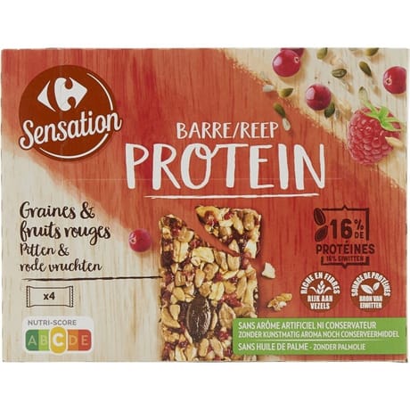 Carrefour sensation barre protein graines et fruits rouges x4 - 128g