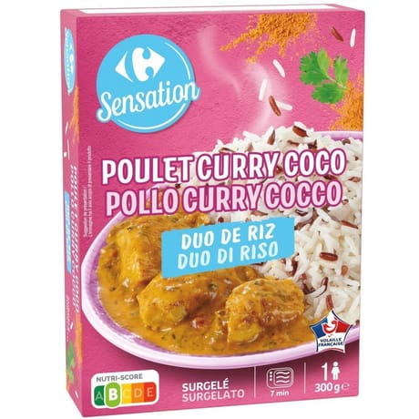 Carrefour sensation plat préparé poulet curry coco duo de riz 300g