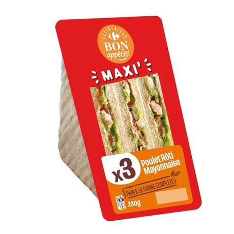 Carrefour bon appétit sandwich club x3 poulet mayonnaise 230g