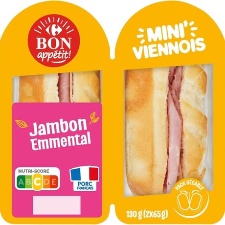 Carrefour Bon Appetit mini viennois jambon emmental x2 130g