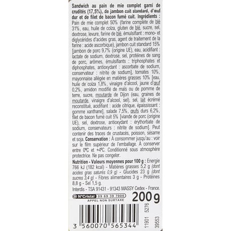 Carrefour bon appétit sandwich jambon oeuf bacon x2 - 200g
