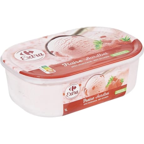 Carrefour extra glace fraise avec morceaux bac 500g