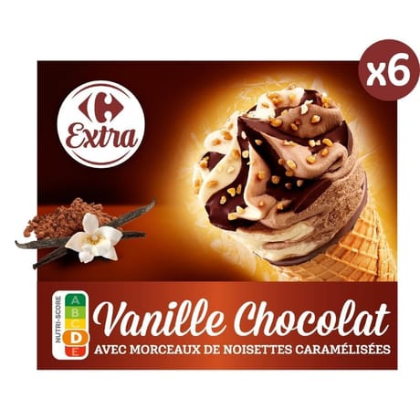 Carrefour Extra Glace cône vanille chocolat x6 408g