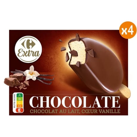 Carrefour Extra glaces chocolat au lait coeur vanille x4 300g