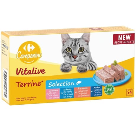 Carrefour companino terrine pour chat sélection aux poissons 4 barquettes de 100g