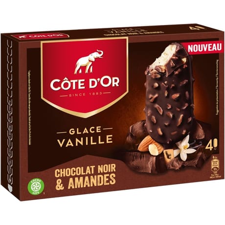 Côte d'Or 4 bâtonnets glace vanille enrobage chocolat noir amandes 260g