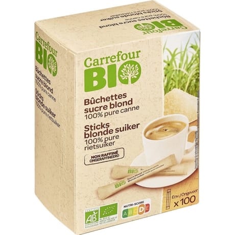 Carrefour bio 100 sticks sucre blond 100% pure canne bio 500g