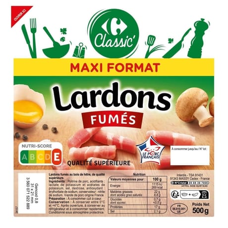 Carrefour classic' lardons fumés maxi format 500g