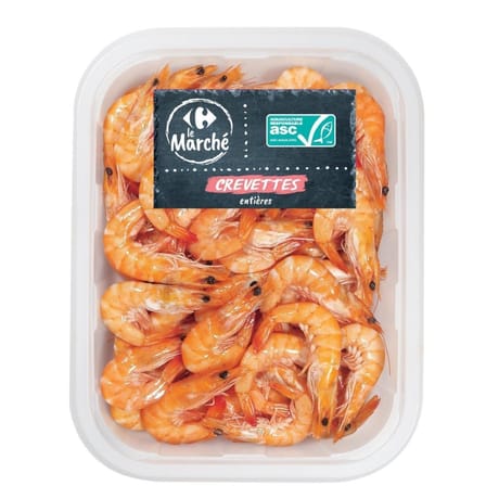 Crevettes entières cuite 60/80 ASC CARREFOUR LE MARCHE la barquette de 500g