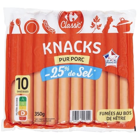 Carrefour Classic' knacks pur porc -25% de sel x10 - 350g