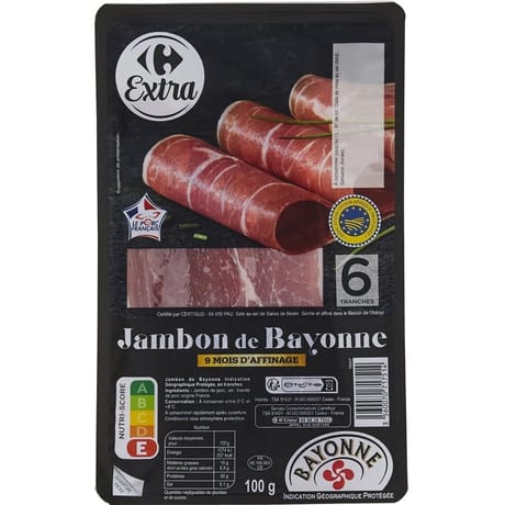 Carrefour extra jambon de Bayonne igp 6 tranches 100g
