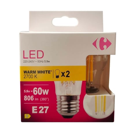 Carrefour ampoule LED fil sphérique 60W E27 x2