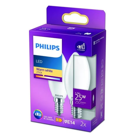 Philips led flamme e14 25w blanc chaud dépolie  boîte de 2 28g