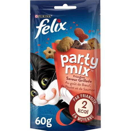Félix party mix friandises pour chat Saveur Grillade : Boeuf, Poulet, Saumon - 60 g