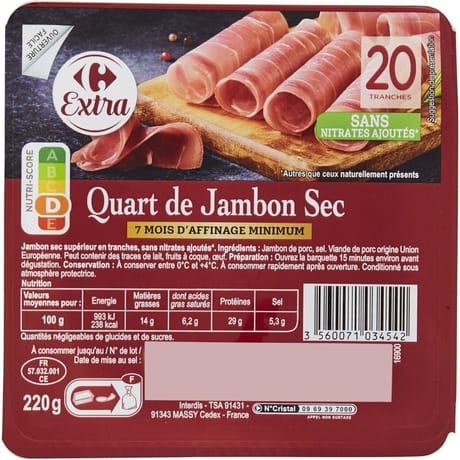 Carrefour extra quart de jambon sec 220g
