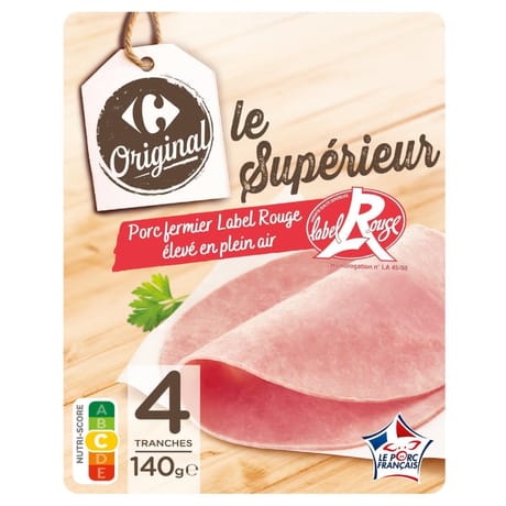 Carrefour original jambon le superieur porc fermier label rouge 4 tranches 140g