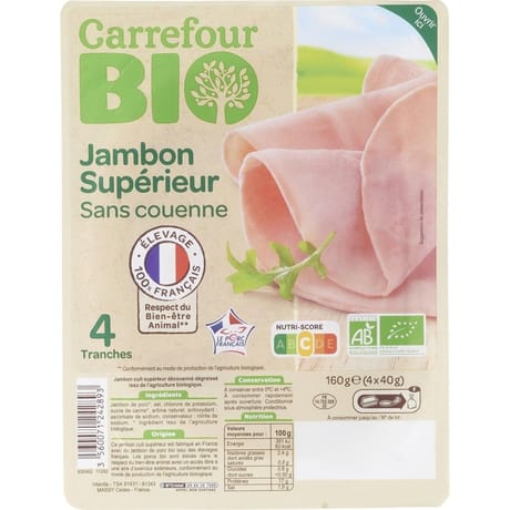 Carrefour bio jambon supérieur sans couenne 4 tranches 160g