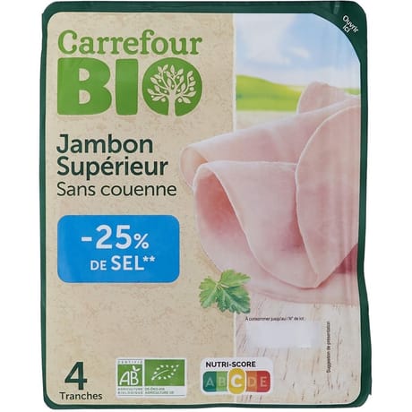 Carrefour bio jambon sans couenne sel réduit 4 tranches 140g