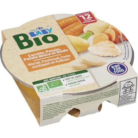 Carrefour baby bio plat bébé carotte panais dinde dès 12 mois 230g