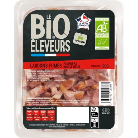 Le bio des éleveurs lardons fumés bio fumés au bois de hêtre 150g