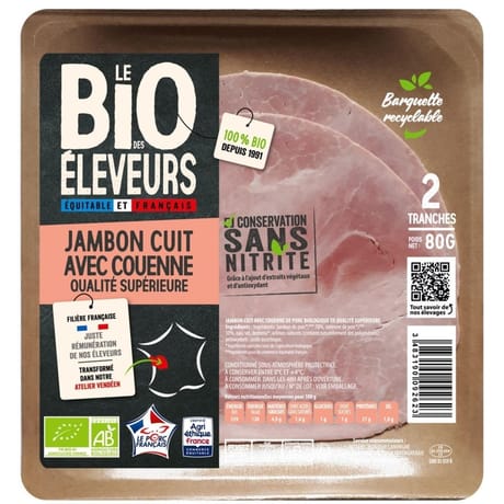 Bonjour Campagne jambon blanc supérieur bio avec couenne conservation sans nitrite 2 tranches 80g